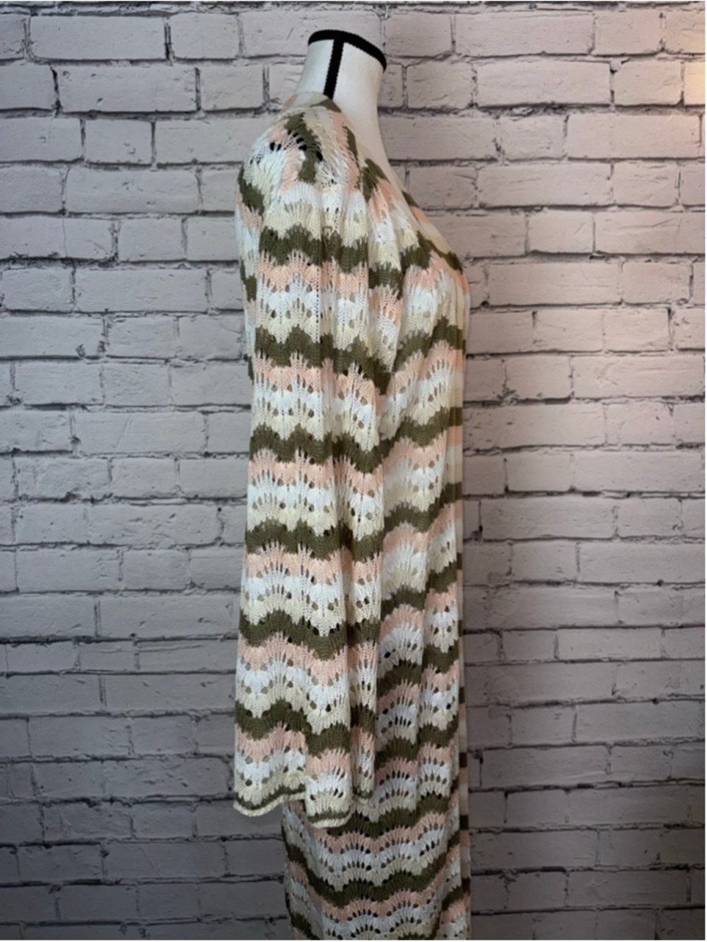 Women's VENUS Duster Knit Sweater Beach Crochet Pink Green Striped Size Large - Picture 8 of 12